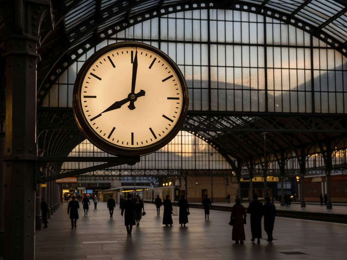 Classic round railway station clock showing evening departure hour against smoked glass ceiling