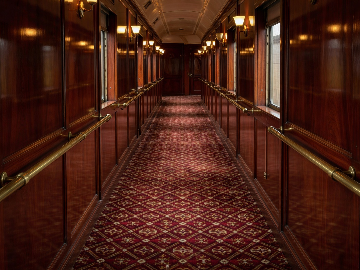 Curved wooden train corridor with brass handrails and rich wool carpeting