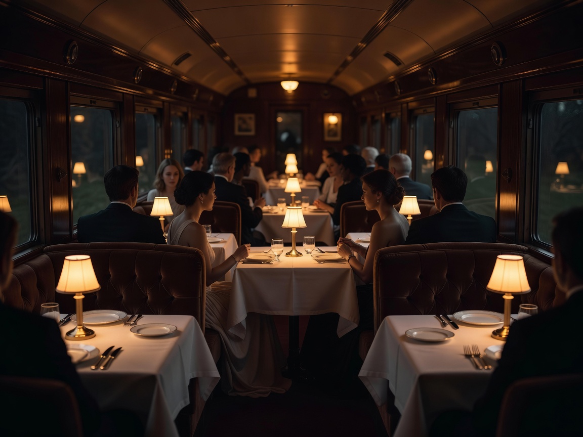 Dimly lit train restaurant carriage with fine linen and amber table lamps