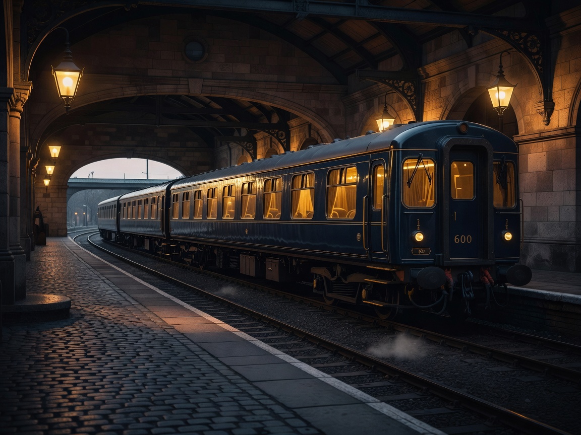 Evening platform bathed in soft amber lamps as an exclusive sleeper carriage rests on the track