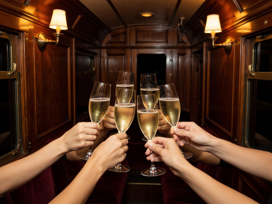 Glasses of sparkling champagne raised in celebration inside a warmly lit wood-paneled carriage