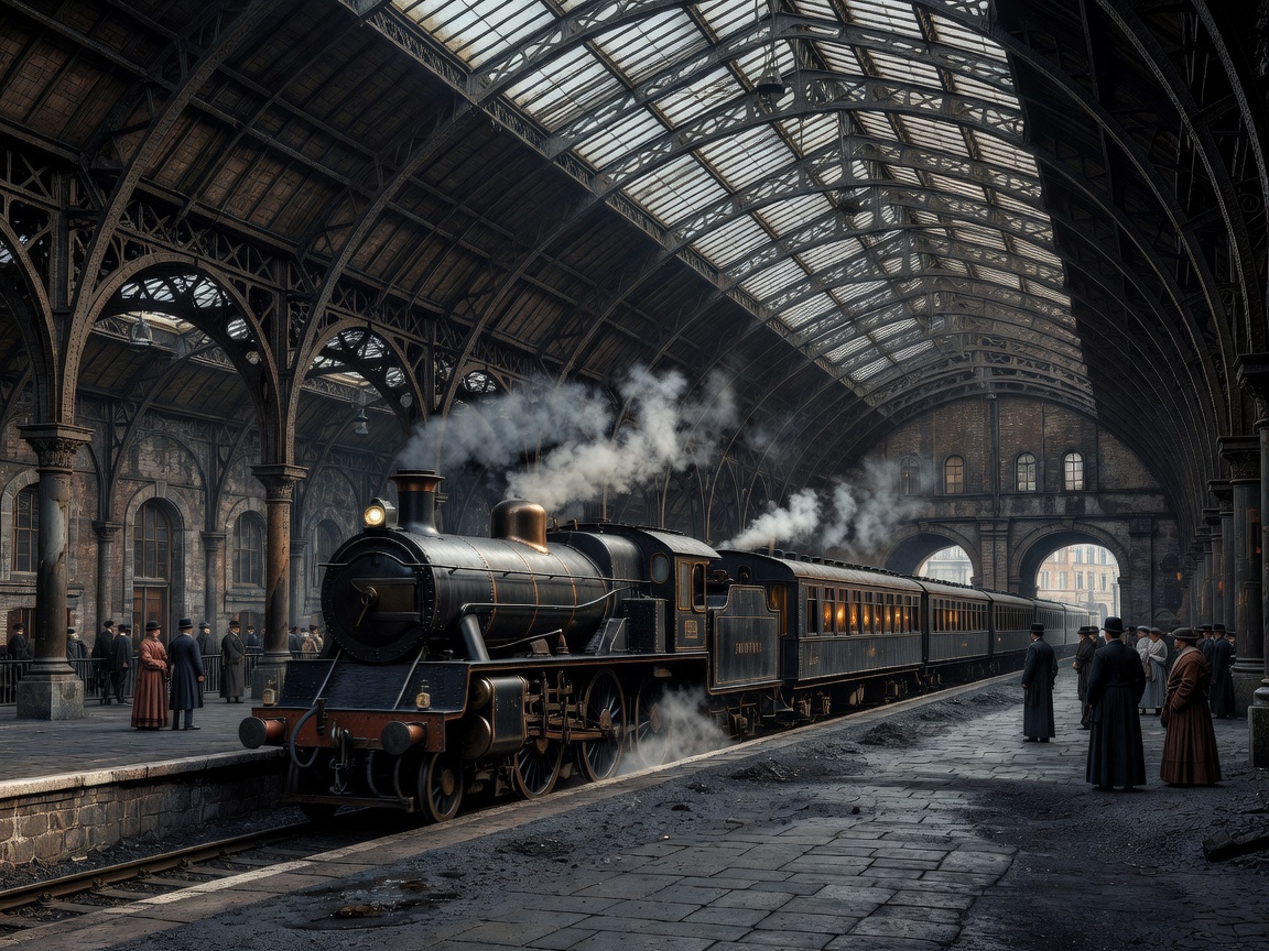 Historic European railway station with arched wrought iron canopy and departing express train