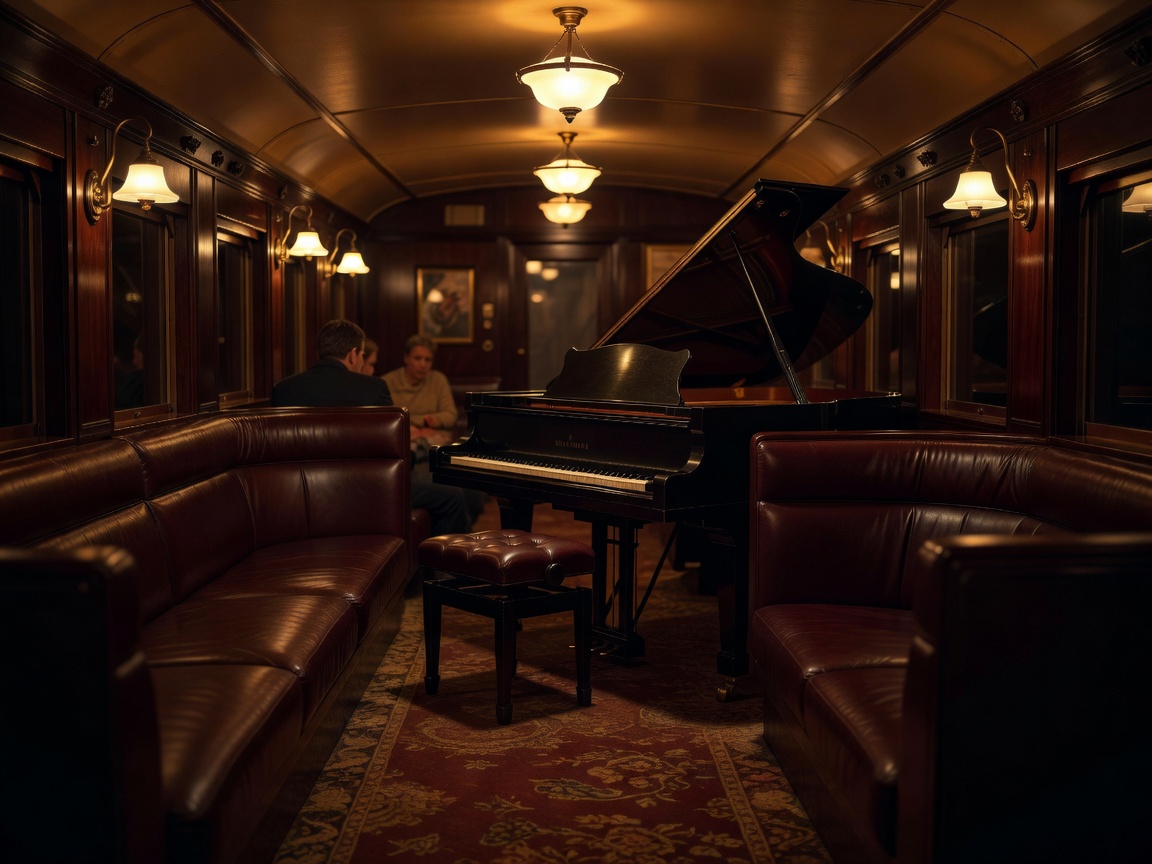 Intimate piano bar car with deep leather banquettes and warm ambient lighting
