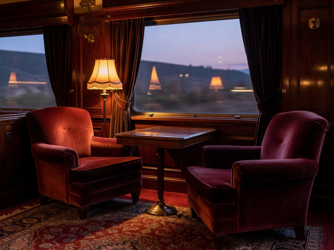 Intimate private rail salon with plush armchairs and warm evening lamp glow