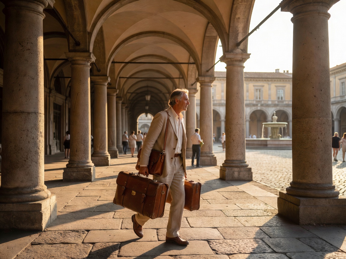 Italian stone station colonnade with passenger carrying leather luggage toward sunlit piazza