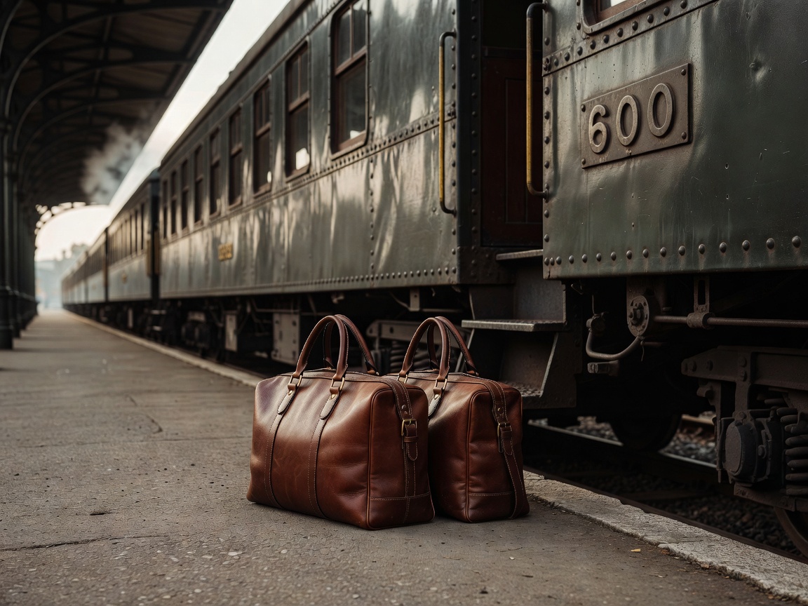 Pair of refined leather weekend travel bags waiting beside train carriage doors