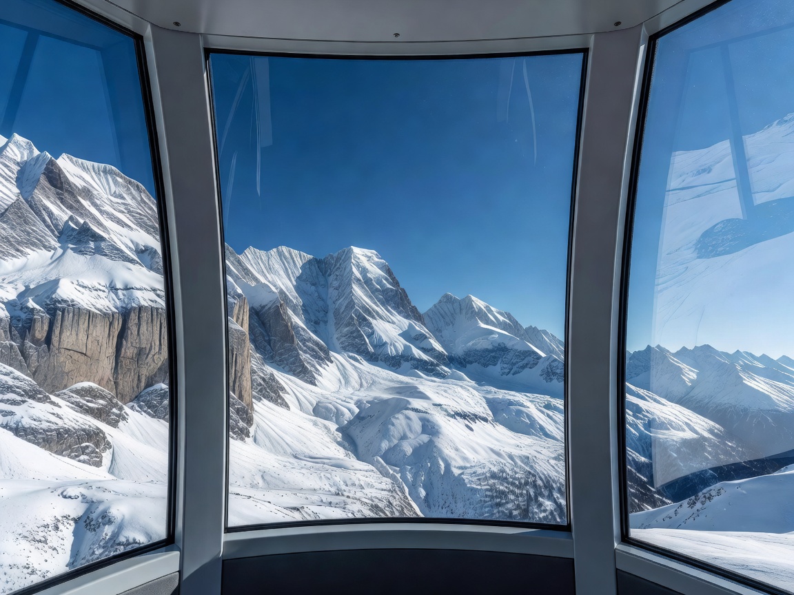 Panoramic observation car windows framing snow-capped Alpine cliffs and clear sky