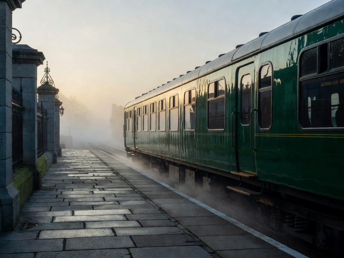 Polished dark green train carriage waiting by an elegant stone platform in morning mist