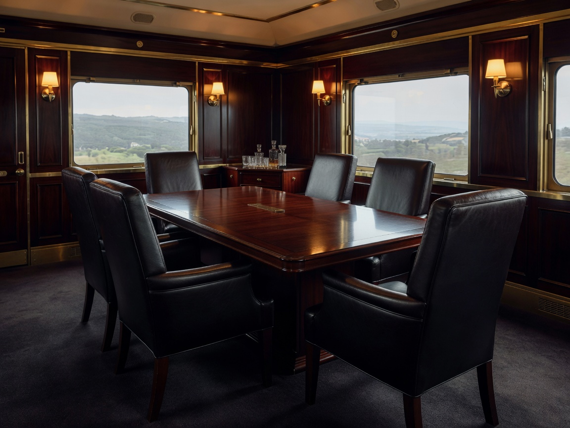 Private executive train meeting carriage with leather armchairs and mahogany conference table