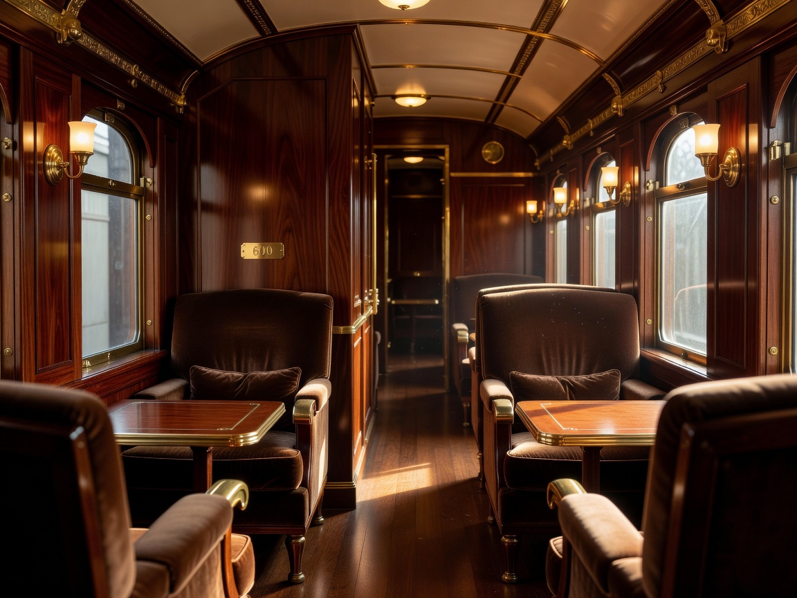 Refined mahogany and polished brass train lounge carriage with comfortable seating