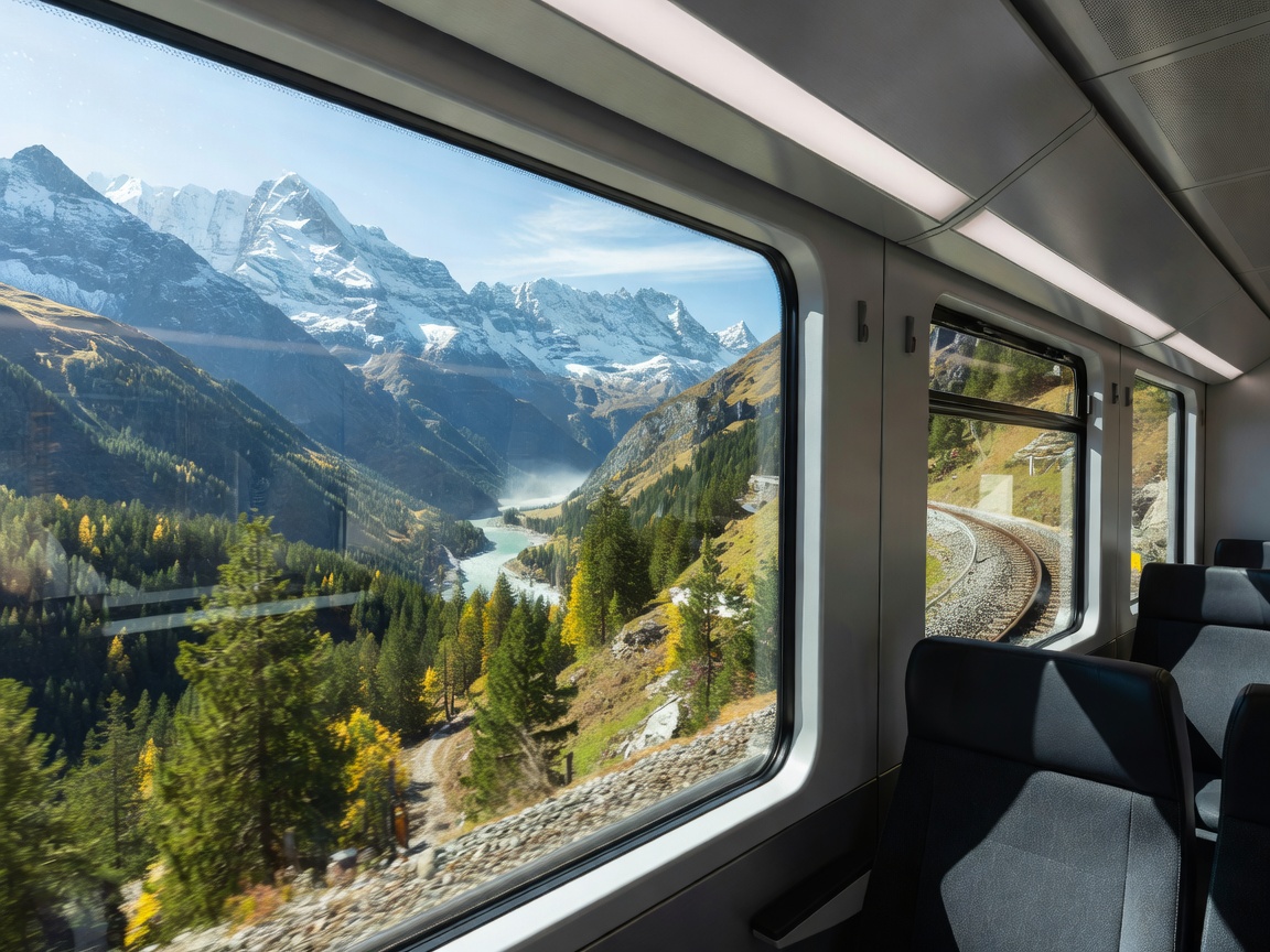 Scenic alpine railway route visible through modern carriage architecture