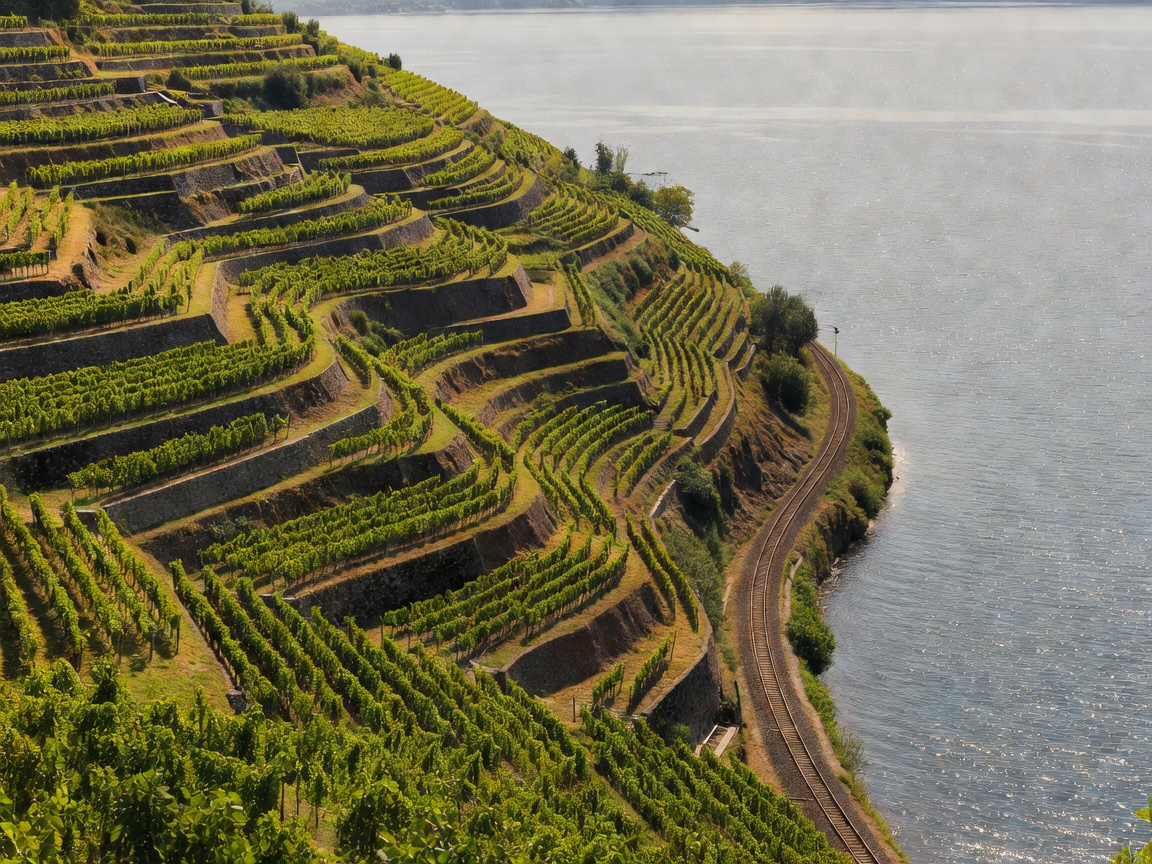 Tiered vineyards on steep hillsides overlooking a sparkling lake with railway tracks running along the shore