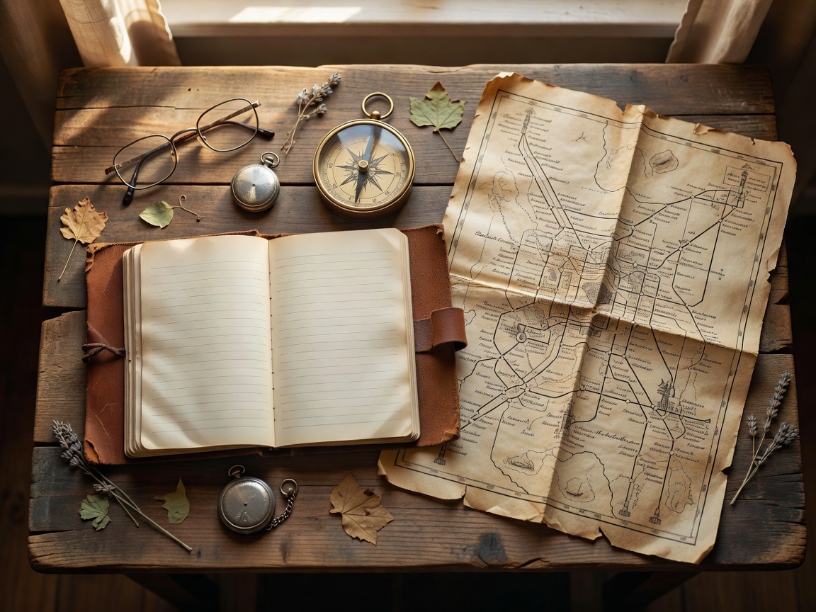 Travel journal, brass compass, and vintage rail network map laid out on wooden table