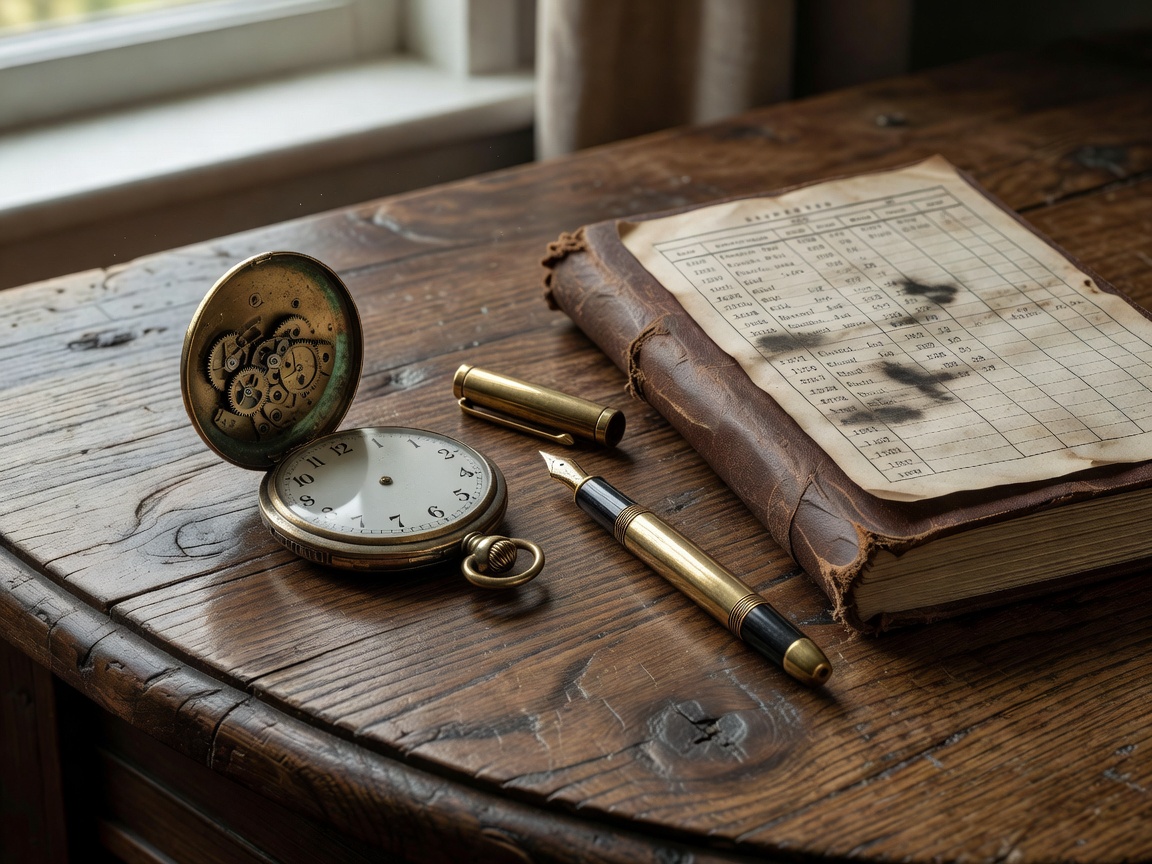 Vintage pocket watch, brass fountain pen, and railway schedule notebook on oak desk