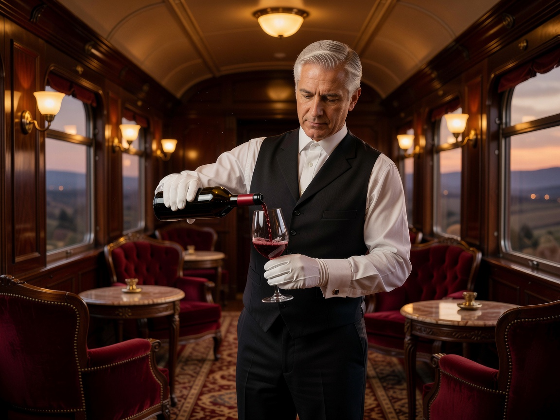 White-gloved sommelier pouring wine into a delicate glass in an elegant train lounge