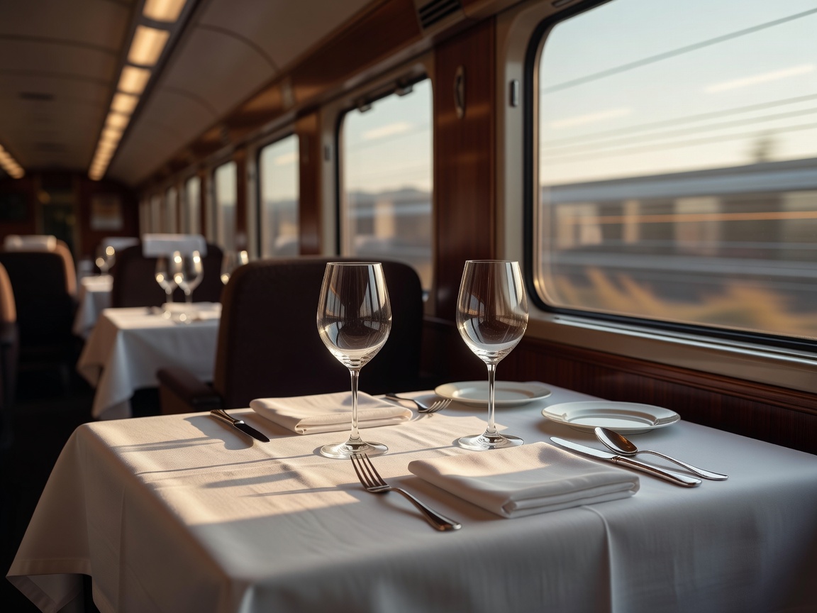 White linen dining table set with silverware and wine glasses inside a moving train